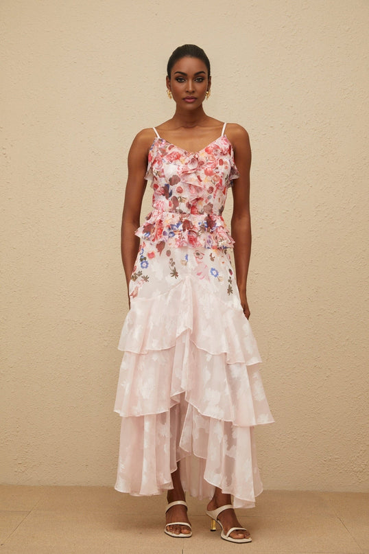 Faith Pink Rose Print Maxi Dress V-neck Adjustable Spaghetti Straps Peplum Waist Tiered Design Asymmetrical Hem Ruffled Detailing 100% Terylene Fiber Special Occasion Chic Glamour