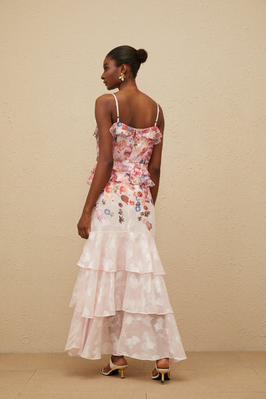 Faith Pink Rose Print Maxi Dress with V-Neck and Peplum Waist