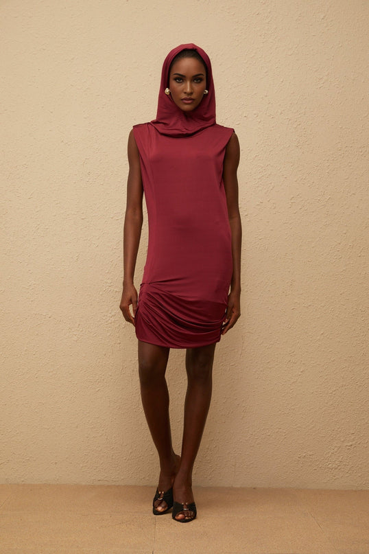 Faith Red Mini Dress Cowl Neck Sleeveless Fitted Silhouette Hooded Ruched Detailing Curved Hem Luxurious Blend Viscose Spandex Glamorous Event