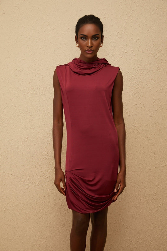 Faith Red Cowl Neck Sleeveless Mini Dress with Ruched Detailing