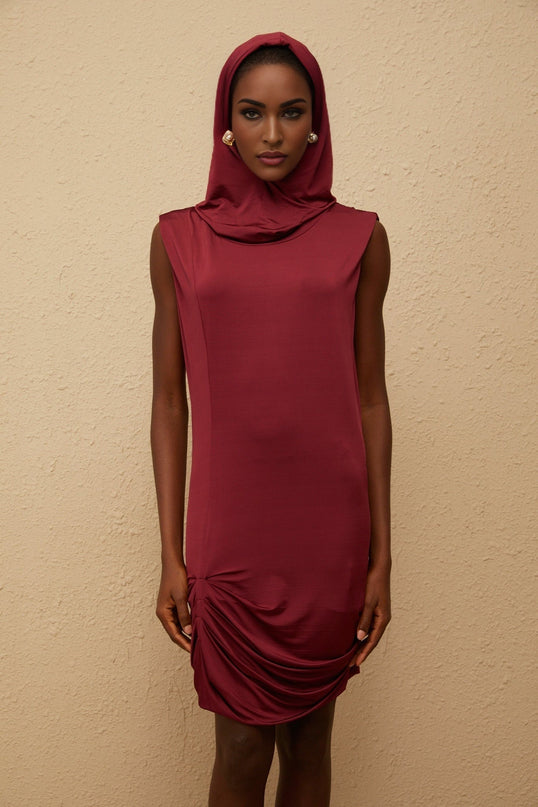 Faith Red Mini Dress Cowl Neck Sleeveless Fitted Silhouette Hooded Ruched Detailing Curved Hem Luxurious Blend Viscose Spandex Glamorous Event