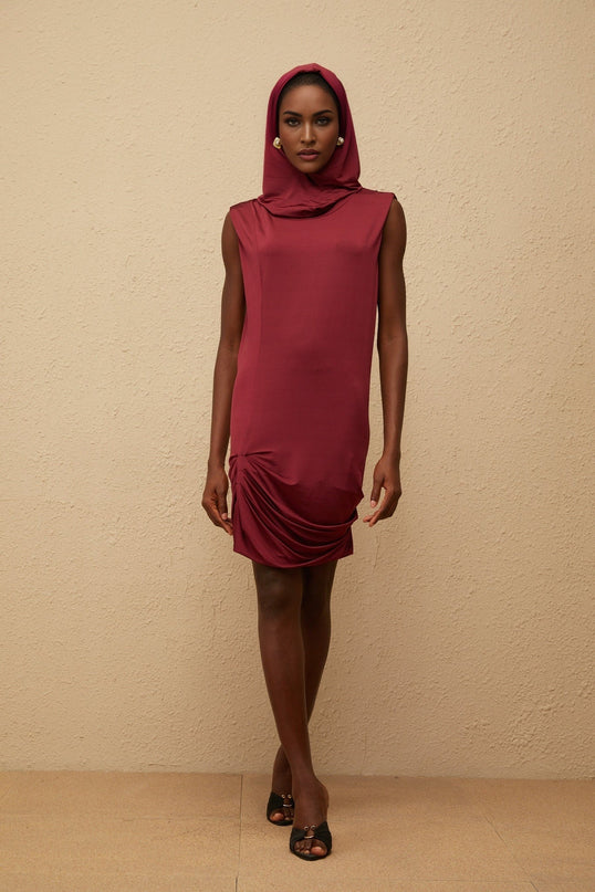 Faith Red Cowl Neck Sleeveless Mini Dress with Hooded Style and Ruched Detailing