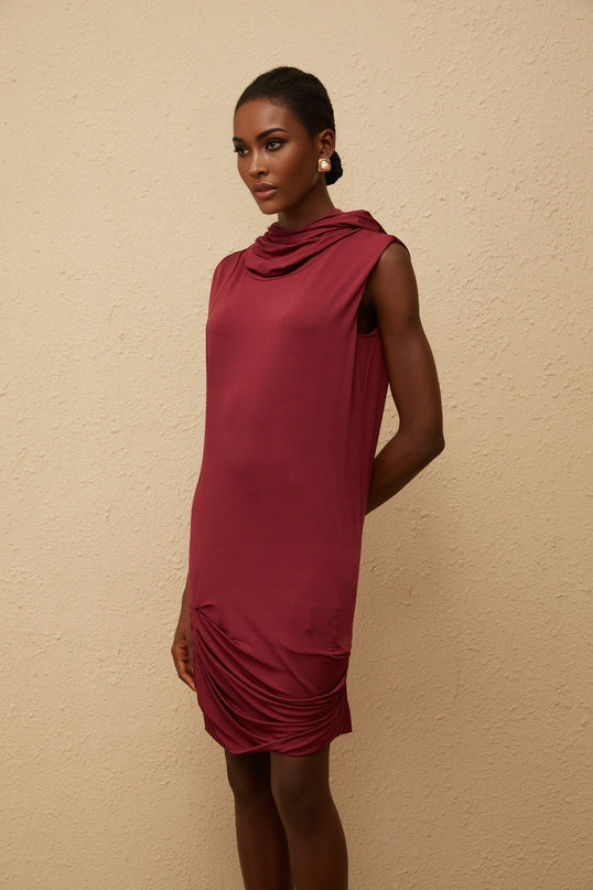 Faith Red Cowl Neck Sleeveless Mini Dress with Hooded Style and Ruched Detailing