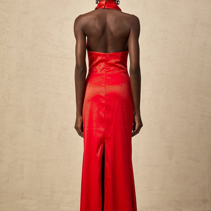 Faith Red Satin Halterneck Maxi Dress with Open Back and Rear Slit