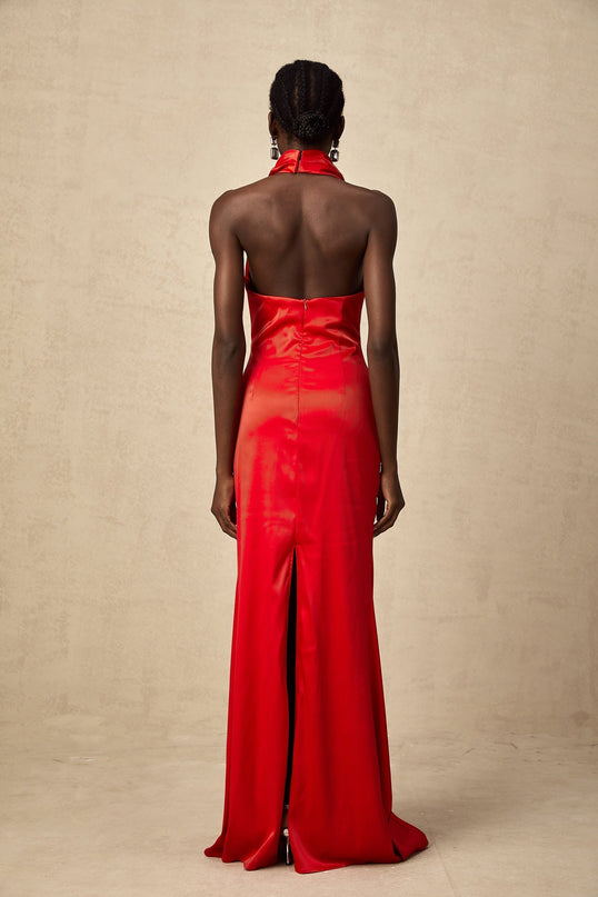 Faith Red Satin Halterneck Maxi Dress with Open Back and Rear Slit