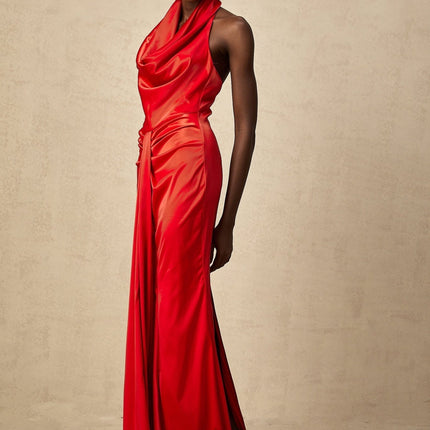 Faith Red Satin Halterneck Maxi Dress with Open Back and Rear Slit