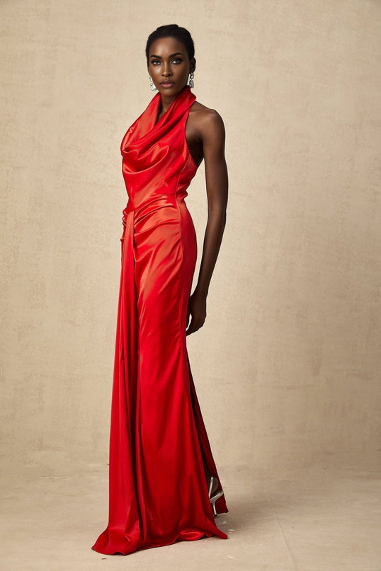 Faith Red Satin Halterneck Maxi Dress with Open Back and Rear Slit