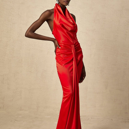 Faith Red Satin Halterneck Maxi Dress with Open Back Design and Rear Slit