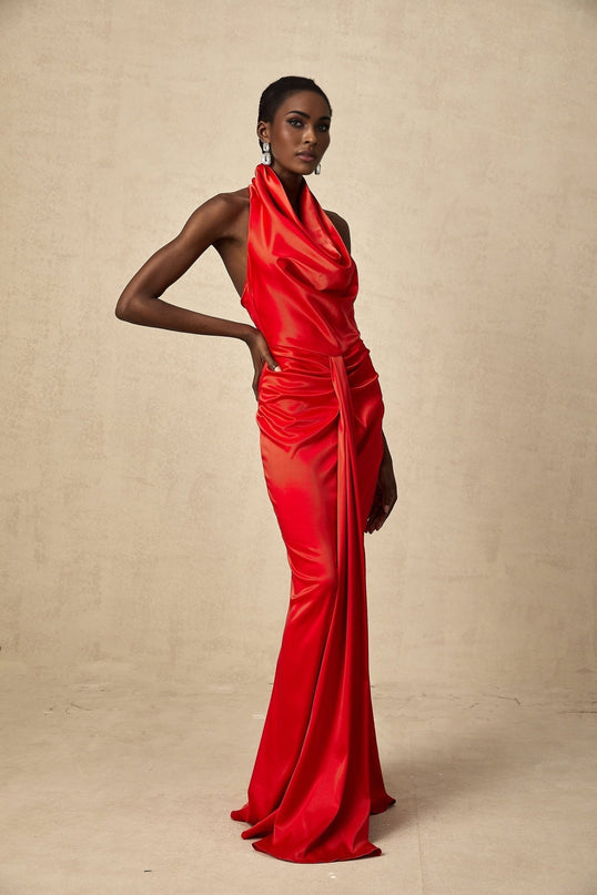 Faith Red Satin Halterneck Maxi Dress with Open Back Design and Rear Slit