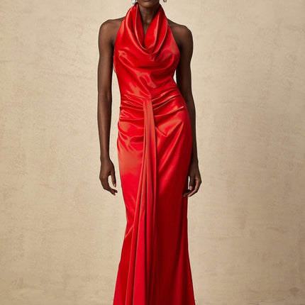 Faith Red Satin Halterneck Maxi Dress with Open Back and Rear Slit