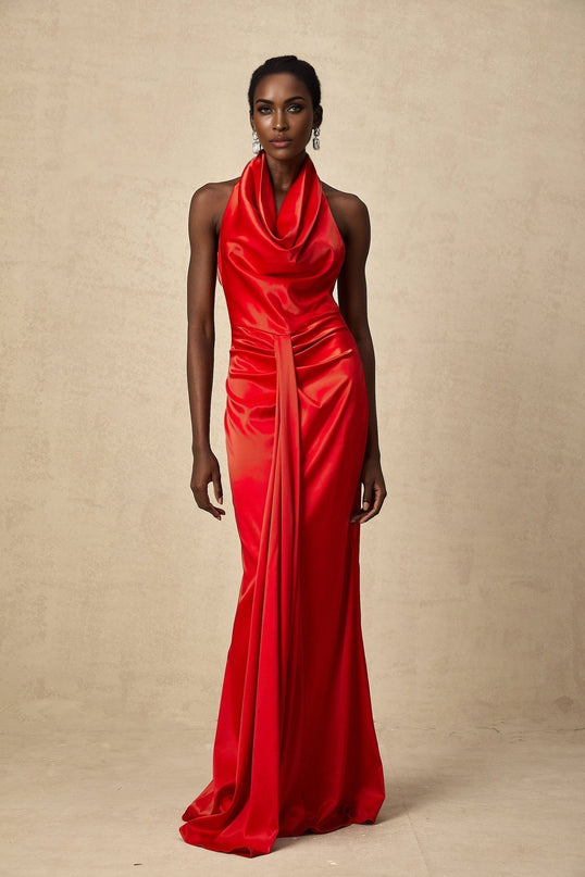 Faith Red Satin Halterneck Maxi Dress with Open Back and Rear Slit