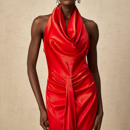Faith Red Satin Halterneck Maxi Dress with Open Back and Rear Slit