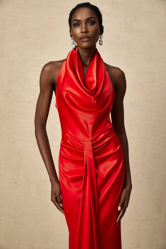 Faith Red Satin Halterneck Maxi Dress with Open Back and Rear Slit