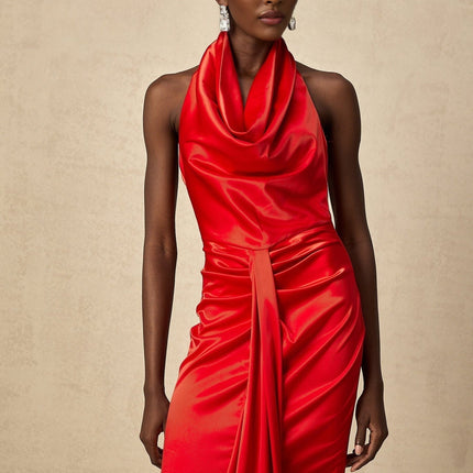 Faith Red Satin Halterneck Maxi Dress with Open Back and Rear Slit