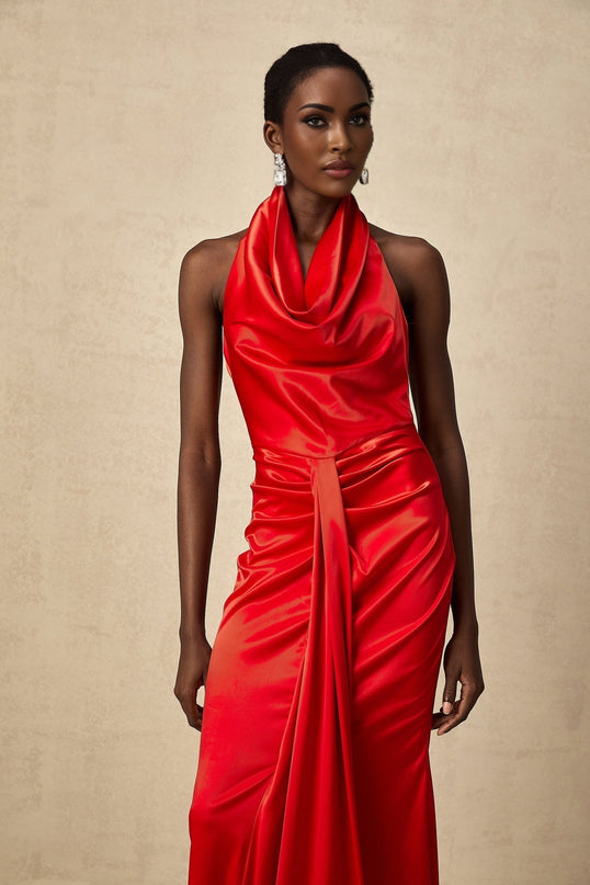 Faith Red Satin Halterneck Maxi Dress with Open Back and Rear Slit