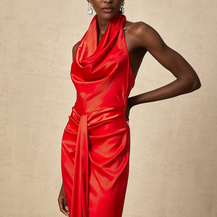 Faith Red Satin Halterneck Maxi Dress with Open Back and Rear Slit