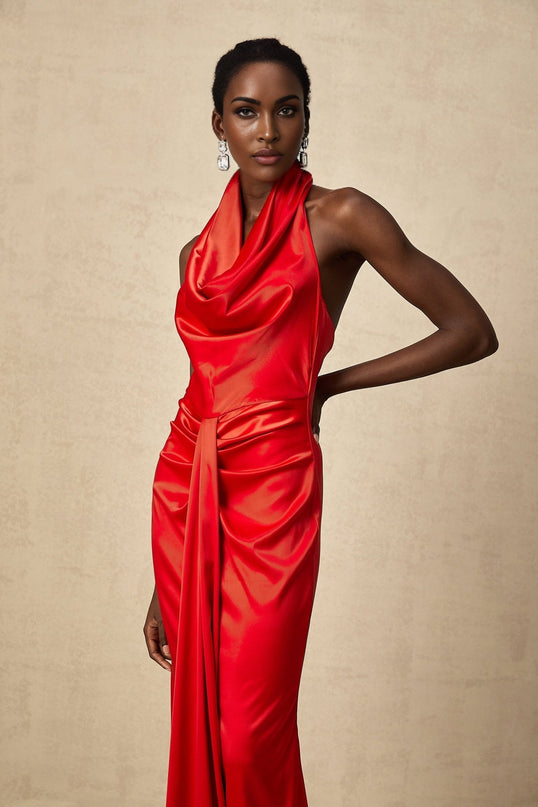 Faith Red Satin Halterneck Maxi Dress with Open Back and Rear Slit