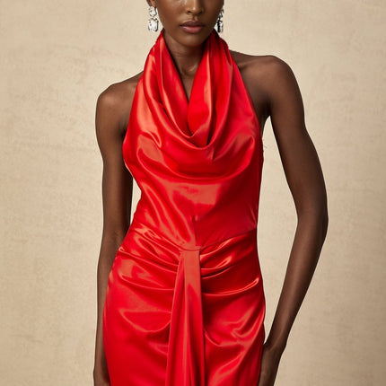 Faith Red Satin Halterneck Maxi Dress with Open Back and Rear Slit
