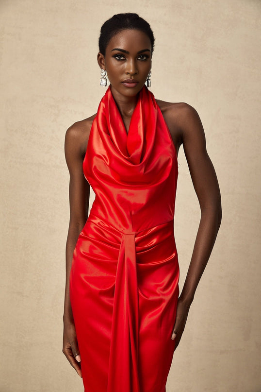 Faith Red Satin Halterneck Maxi Dress with Open Back and Rear Slit