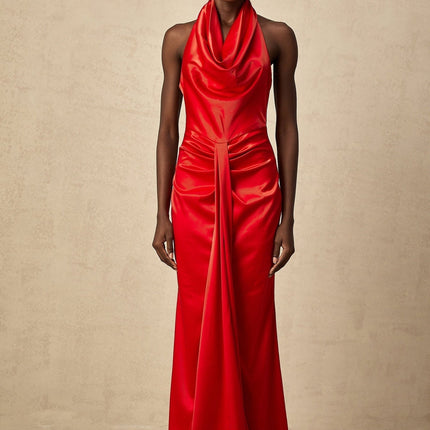 Faith Red Satin Halterneck Maxi Dress with Open Back and Rear Slit