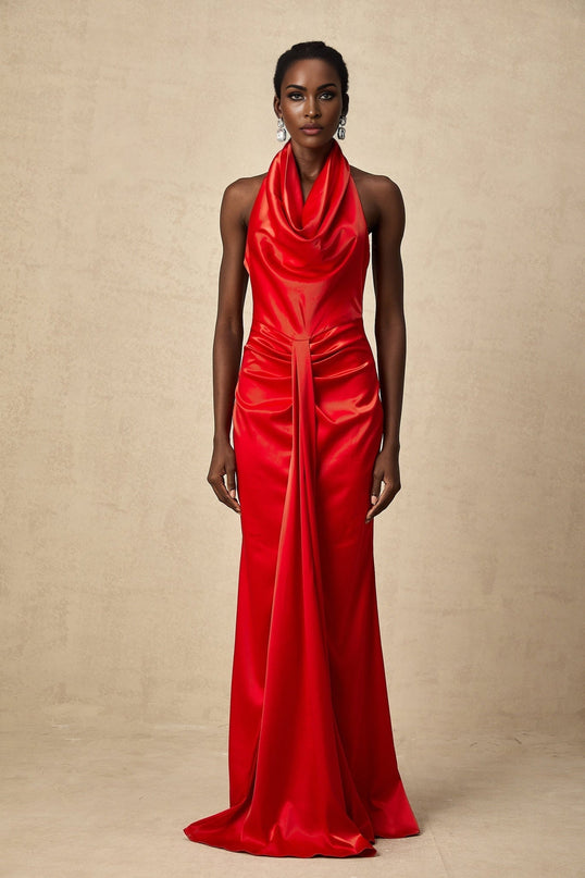 Faith Red Satin Halterneck Maxi Dress with Open Back and Rear Slit