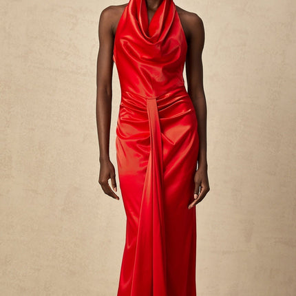 Faith Red Satin Halterneck Maxi Dress with Open Back and Rear Slit