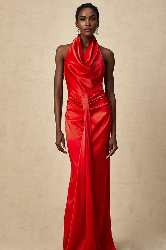 Faith Red Satin Halterneck Maxi Dress with Open Back and Rear Slit