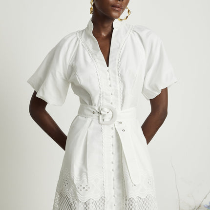 Faith White Lace Trim Belted Mini Dress