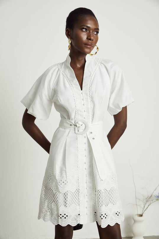 Faith White Lace Trim Belted Mini Dress