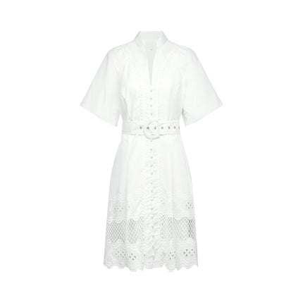 Faith White Lace Trim Mini Dress with Cut-Out Detailing and Belted Waist