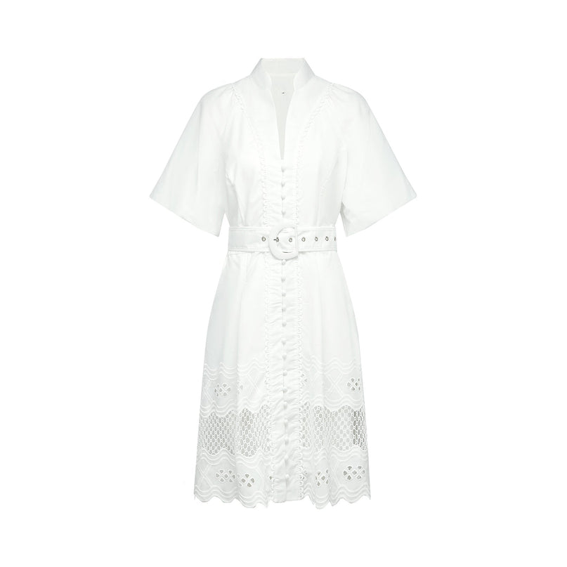 Faith White Lace Trim Mini Dress with Cut-Out Detailing and Belted Waist