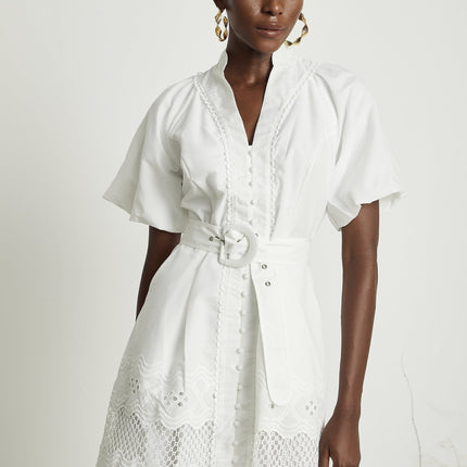Faith White Lace Trim V-Neck Mini Dress with Cut-Out Detailing and Belted Waist in Mixed Linen Fabric