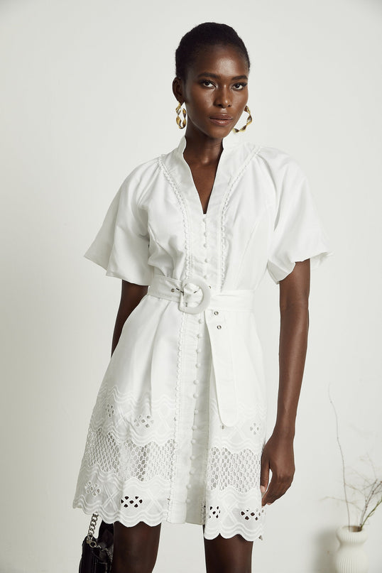 Faith White Lace Trim V-Neck Mini Dress with Cut-Out Detailing and Belted Waist in Mixed Linen Fabric