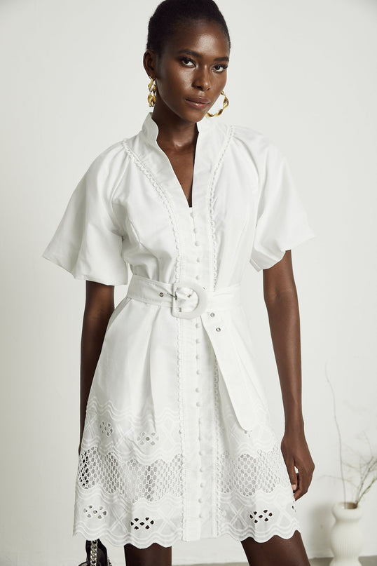 Faith White Lace Trim V-Neck Mini Dress