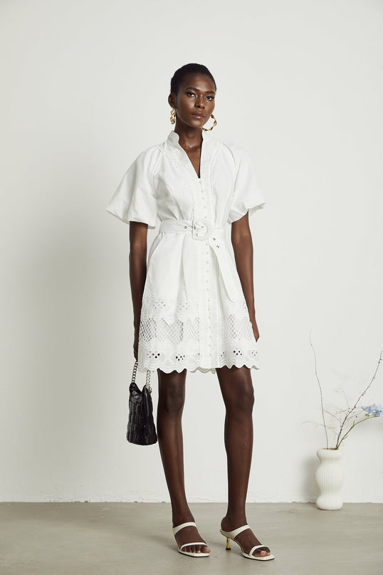 Faith White Lace Trim V-Neck Mini Dress with Cut-Out Detailing and Belted Waist in Mixed Linen Fabric