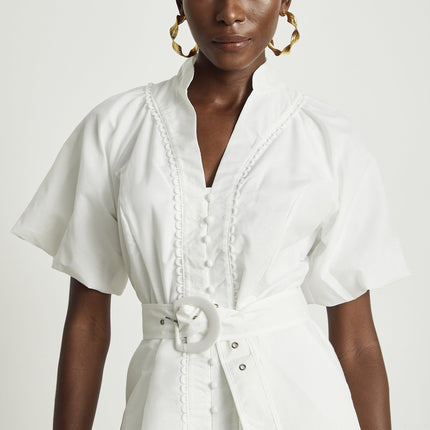 Faith White Lace Trim V-Neck Mini Dress with Cut-Out Detailing and Belted Waist in 100% Mixed Linen