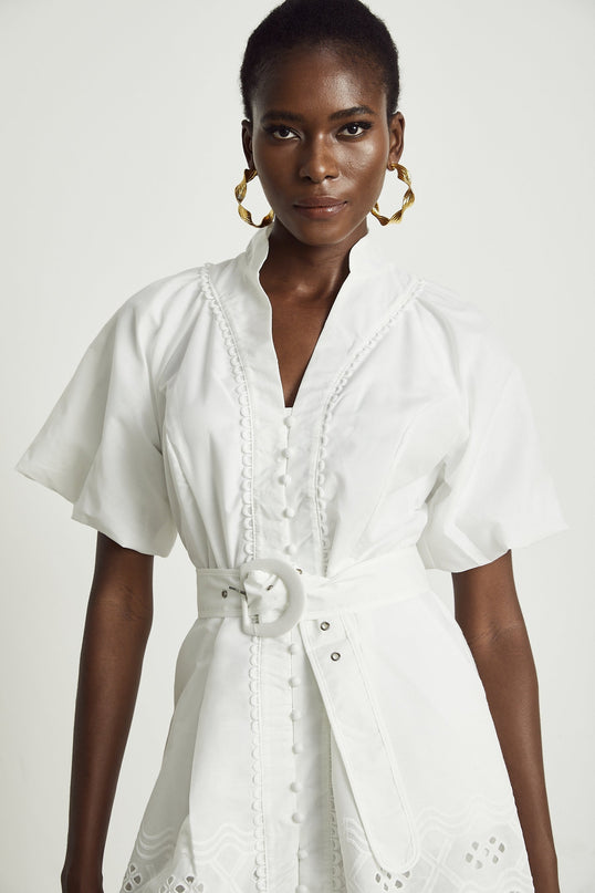 Faith White Lace Trim V-Neck Mini Dress with Cut-Out Detailing and Belted Waist in 100% Mixed Linen