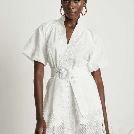 Faith White Lace Trim V-Neck Mini Dress Button Front Belted Waist Short Sleeves