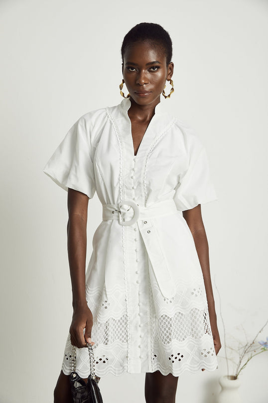 Faith White Lace Trim V-Neck Mini Dress Button Front Belted Waist Short Sleeves