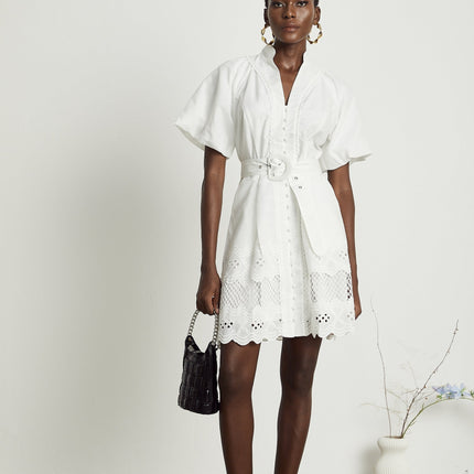 Faith White Lace Trim V-Neck Mini Dress with Cut-Out Detailing and Belted Waist