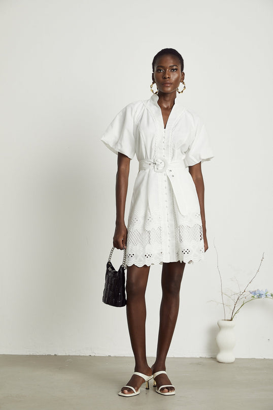 Faith White Lace Trim V-Neck Mini Dress with Cut-Out Detailing and Belted Waist