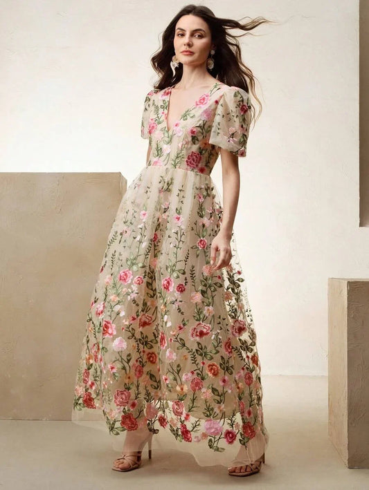 Fashionable amp Elegant Embroidered Floral VNeck ALine Midi Skirt Suitable For Valentines Day