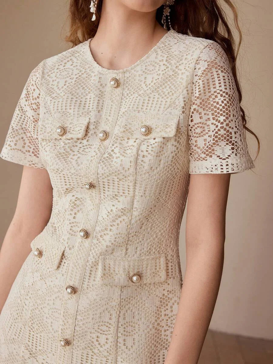 FASHIONABLE POINTELLE DECOR ROUND NECK FITTED SHORT SLEEVE MINI DRESS