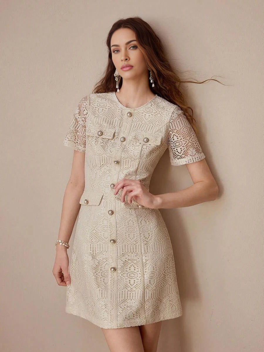 FASHIONABLE POINTELLE DECOR ROUND NECK FITTED SHORT SLEEVE MINI DRESS