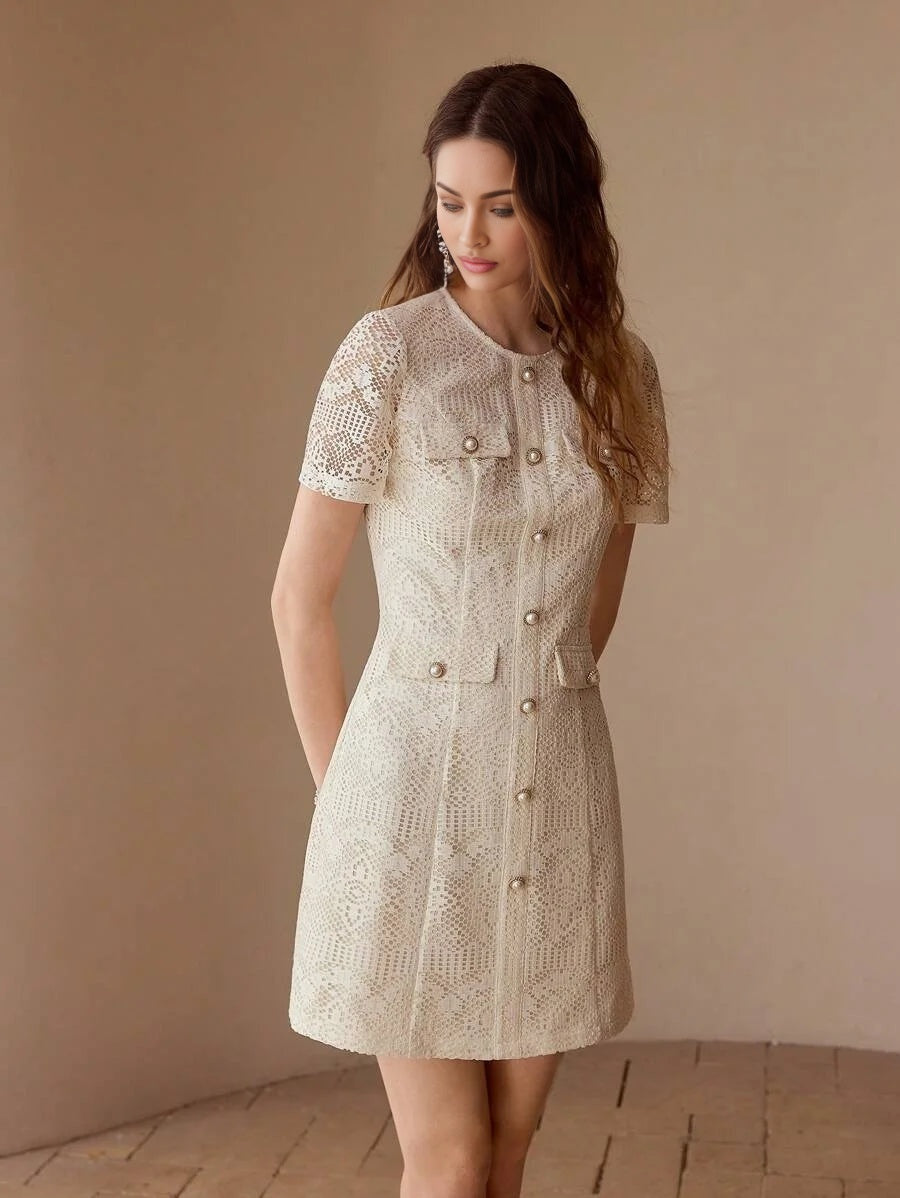 FASHIONABLE POINTELLE DECOR ROUND NECK FITTED SHORT SLEEVE MINI DRESS