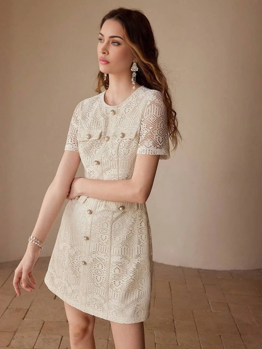 FASHIONABLE POINTELLE DECOR ROUND NECK FITTED SHORT SLEEVE MINI DRESS