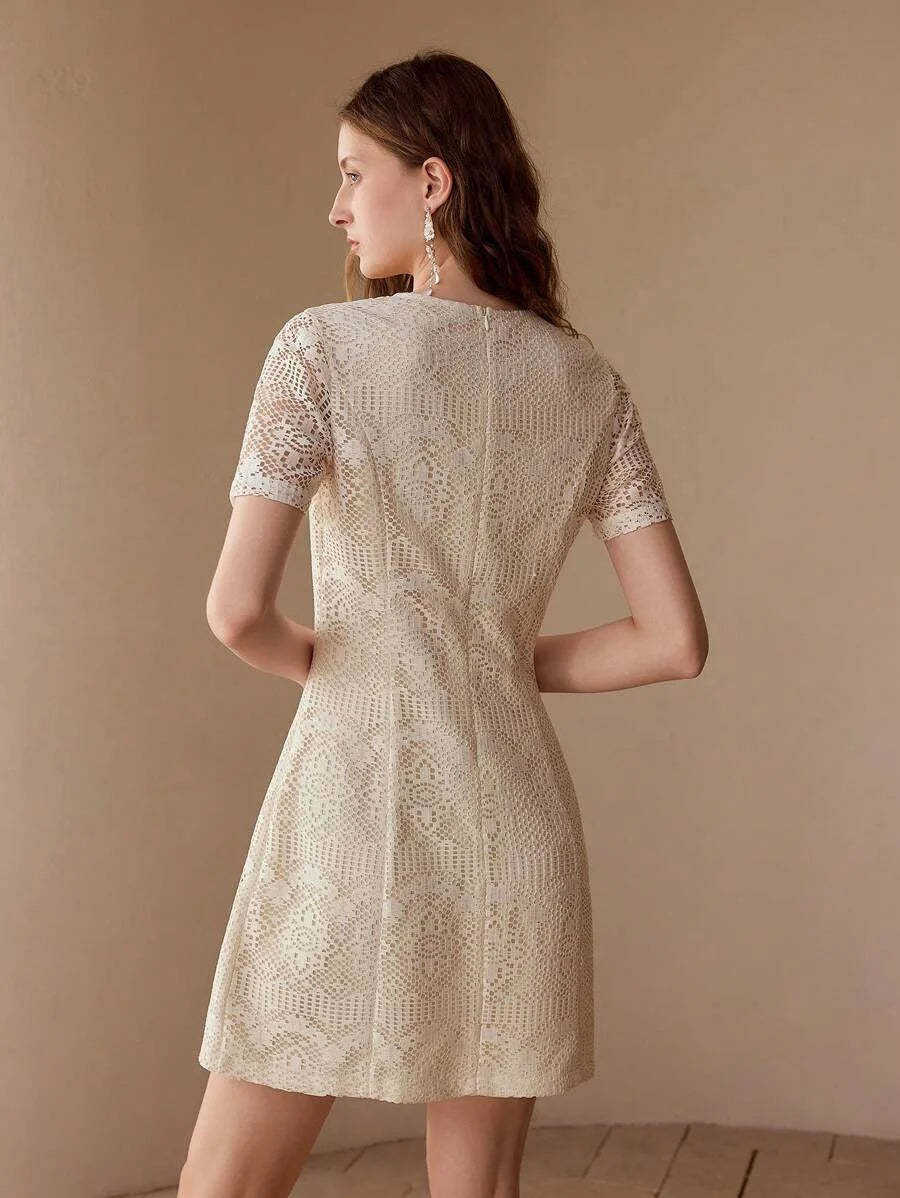FASHIONABLE POINTELLE DECOR ROUND NECK FITTED SHORT SLEEVE MINI DRESS