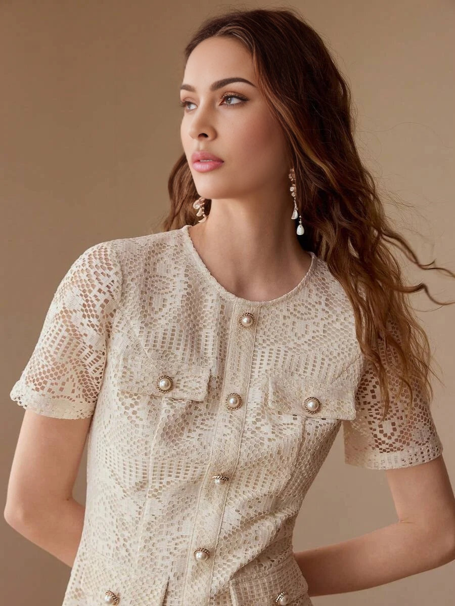 FASHIONABLE POINTELLE DECOR ROUND NECK FITTED SHORT SLEEVE MINI DRESS