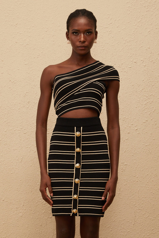Faustine Black Striped Knit Top  Skirt Set