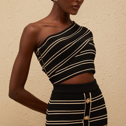 Faustine Black Striped Knit Top & Skirt Set in Black and Gold-tone with Metallic Threading